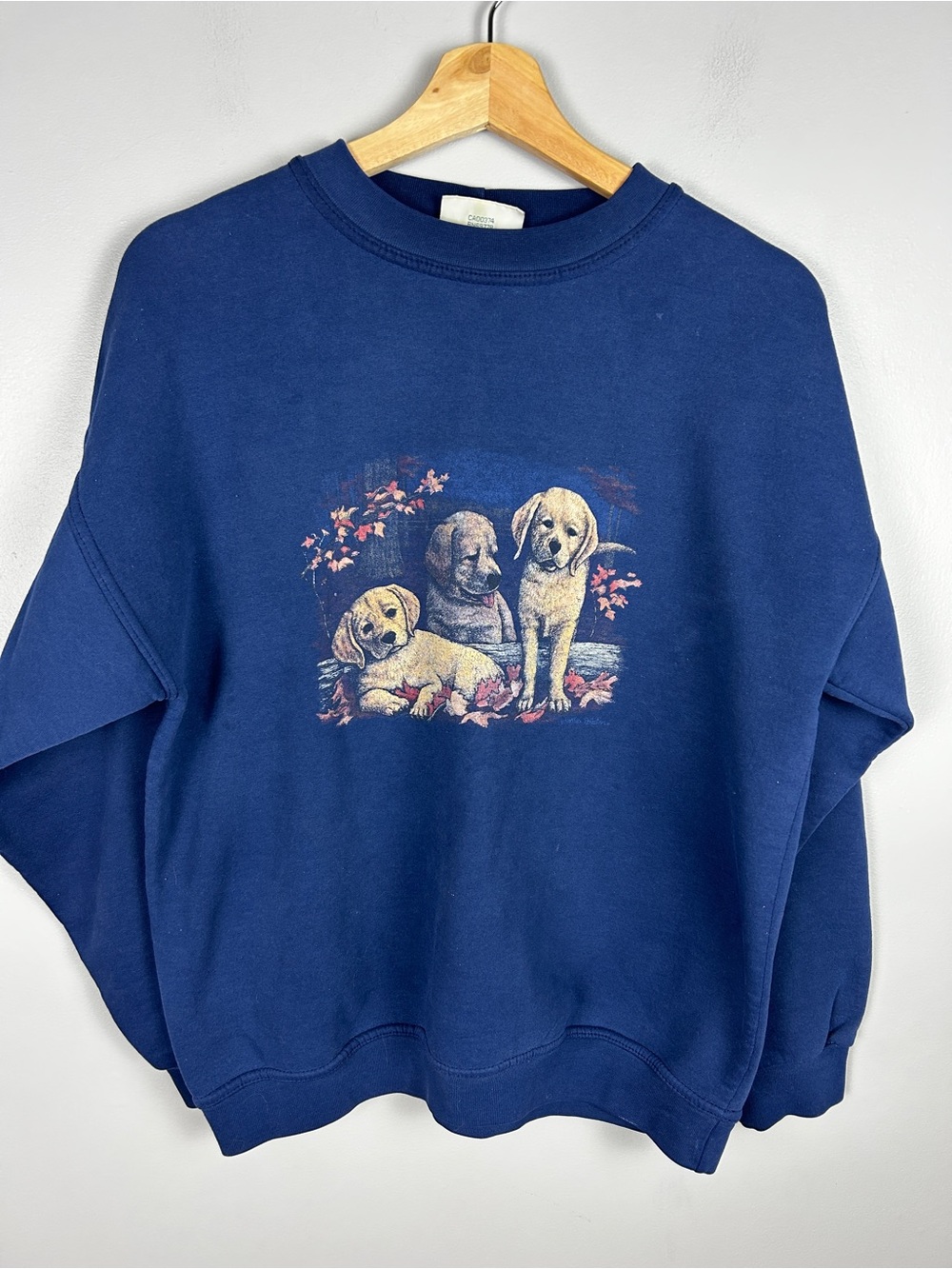 VINTAGE 90s NorthernReflections Puppy Sweatshirt Blue Medium Grandma Cottagecore
